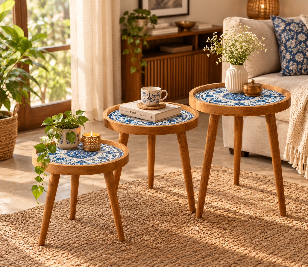Blue Motif Design Wooden Side Table