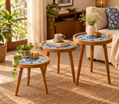 Blue Motif Design Wooden Side Table