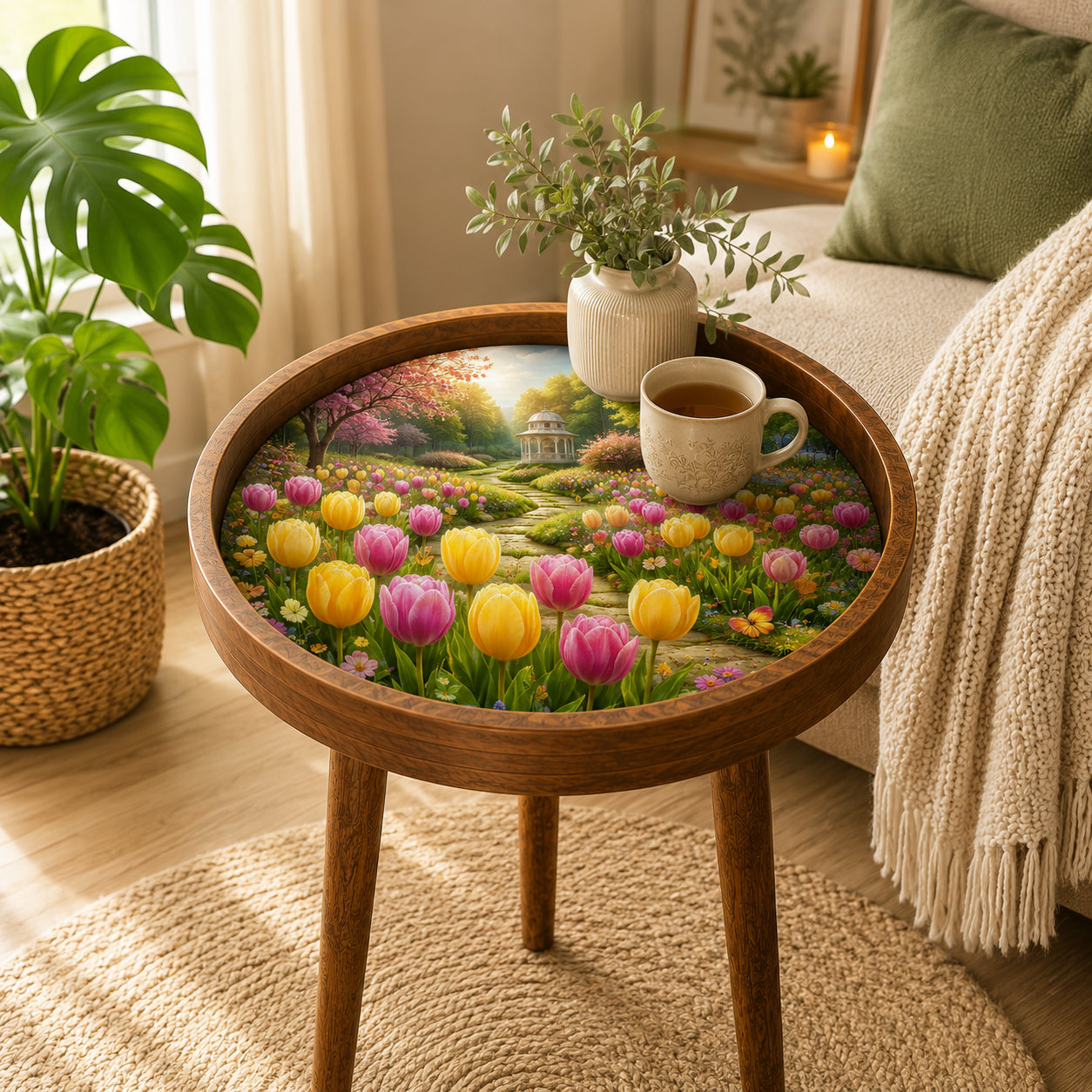 Tulip Garden Meena art mango wood round side table, fresh colours