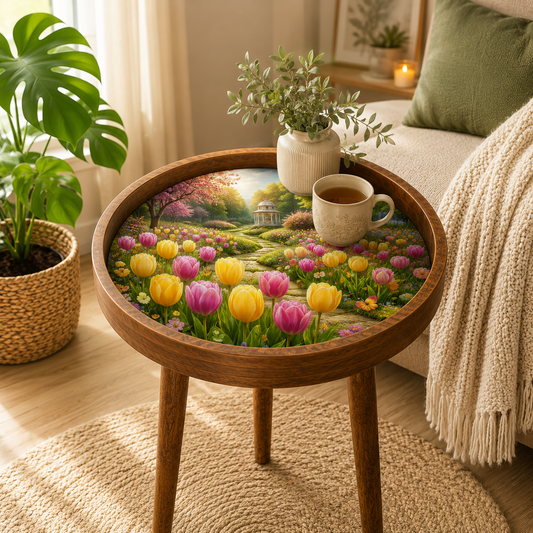 Tulip Garden Meena art mango wood round side table, fresh colours