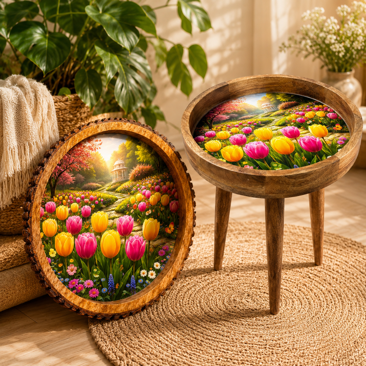 Close-up of Tulip Garden Meena art print on a mango wood tabletop