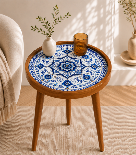 Blue Motif Design Wooden Side Table