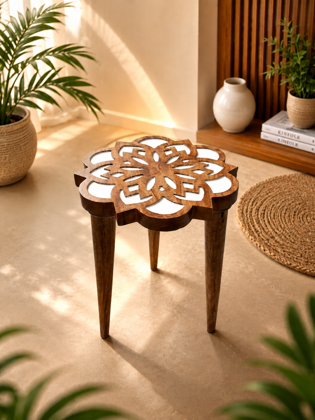 Pink Mandala Wooden Side Table – Handcrafted Floral Resin Accent Piece