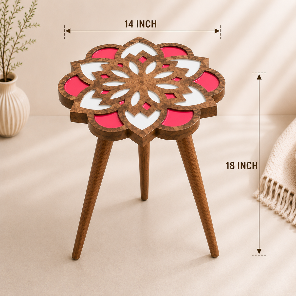 Pink Mandala Wooden Side Table – Handcrafted Floral Resin Accent Piece